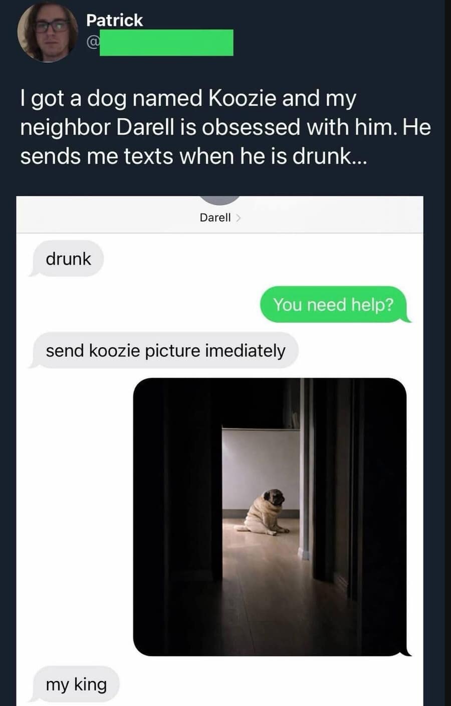 This screenshot of a text exchange became an old meme for neighborly wholesome chaos. A man named Darell texts drunk and follows it up with an immediate demand for a picture of a pug named Koozie, finally calling the dog my king.