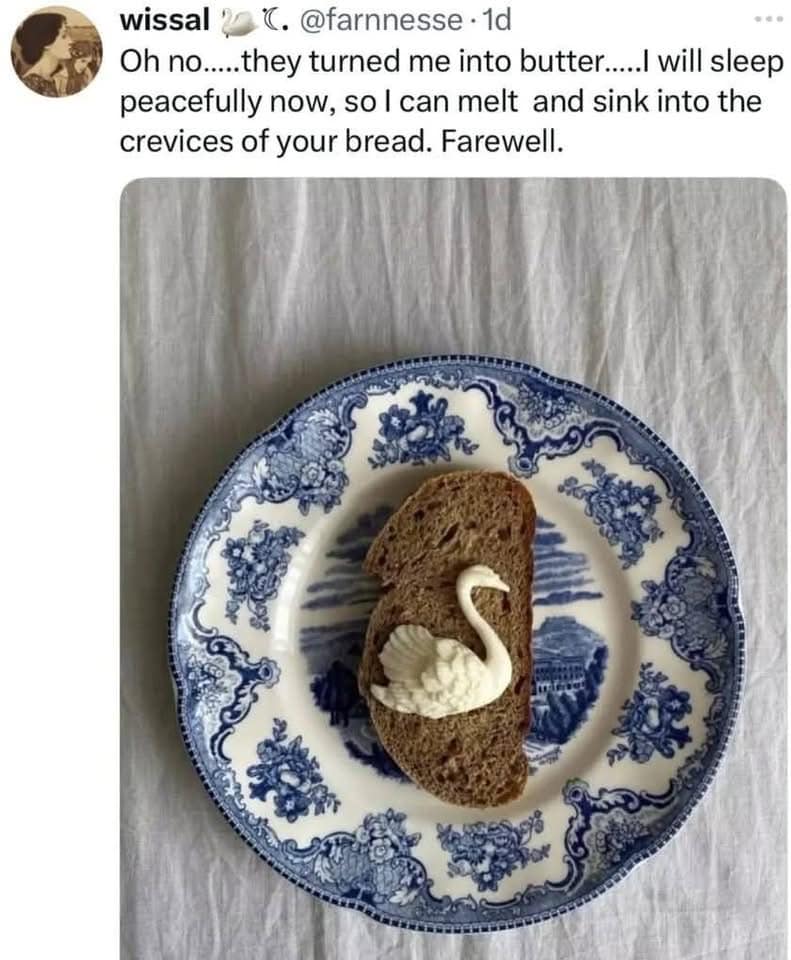 A poetic and slightly tragic classic meme featuring a blue and white patterned vintage plate. On a single slice of dark rye bread sits a beautifully intricate swan carved entirely out of white butter. The tweet above says, "Oh no.....they turned me into butter.....I will sleep peacefully now, so I can melt and sink into the crevices of your bread. Farewell."