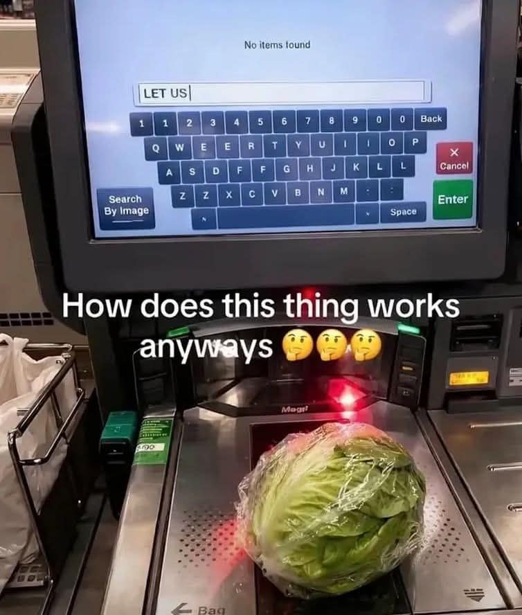 A POV photo at a grocery store self-checkout kiosk. A plastic-wrapped head of romaine lettuce sits on the scanner bed. On the digital touchscreen, the user has typed "LET US" into the search bar, resulting in a "No items found" error. This classic meme captures the peak of supermarket brain fog.