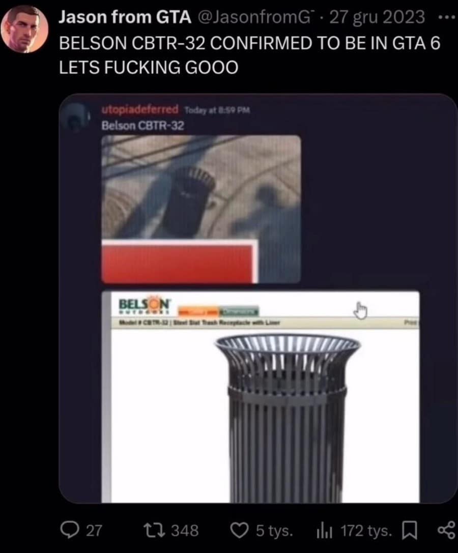 A niche-gaming classic meme tweet from a GTA fan account. It features a zoomed-in, blurry frame from a game trailer identifying a specific public trash can model, the "Belson CBTR-32," with intense, unironic excitement.