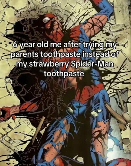 An intense comic panel of Spider-Man being torn apart is a classic meme for childhood sensory overload. It represents the absolute physical agony of a 6-year-old trying spicy adult mint toothpaste for the first time instead of the sweet strawberry kind.