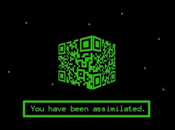 A digital art piece showing a green neon QR code rendered as a 3D Borg Cube from Star Trek floating in deep space. A retro terminal text box at the bottom says: "You have been assimilated."