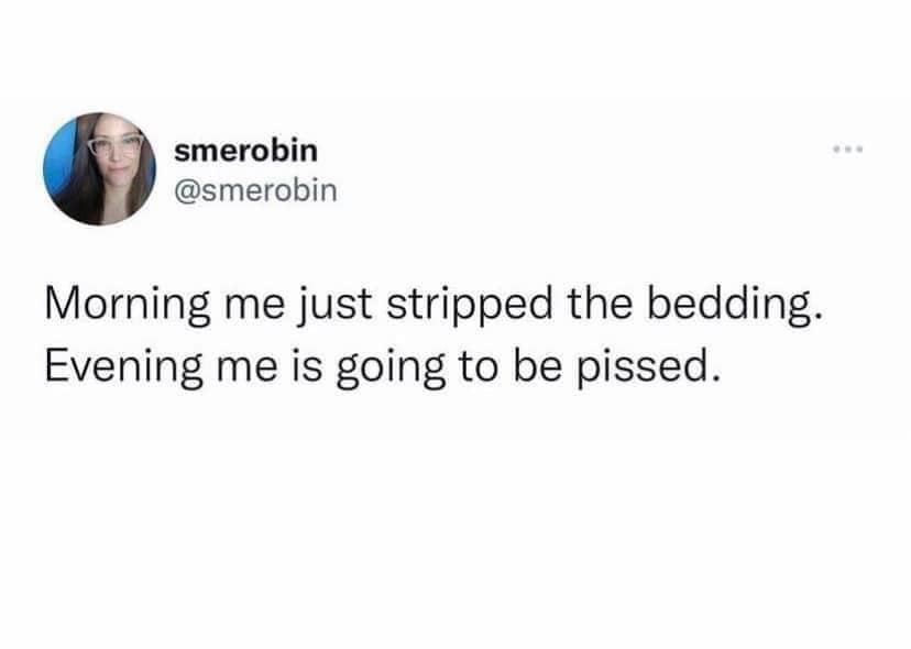 A relatable classic meme tweet about the treachery of home chores. The user "smerobin" laments that "morning me" stripped the bedding, knowing full well that "evening me" is going to be incredibly angry about having to remake the bed.