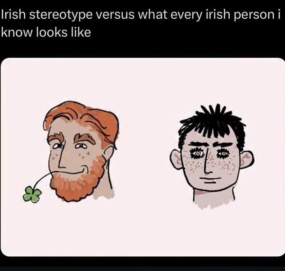 A best memes cultural comparison drawing. It contrasts the "Irish stereotype" of a buff, red-bearded man with a clover against the "reality" of every Irish person the artist knows: a pale, freckled, dark-haired man with a vacant, messy-haired expression.