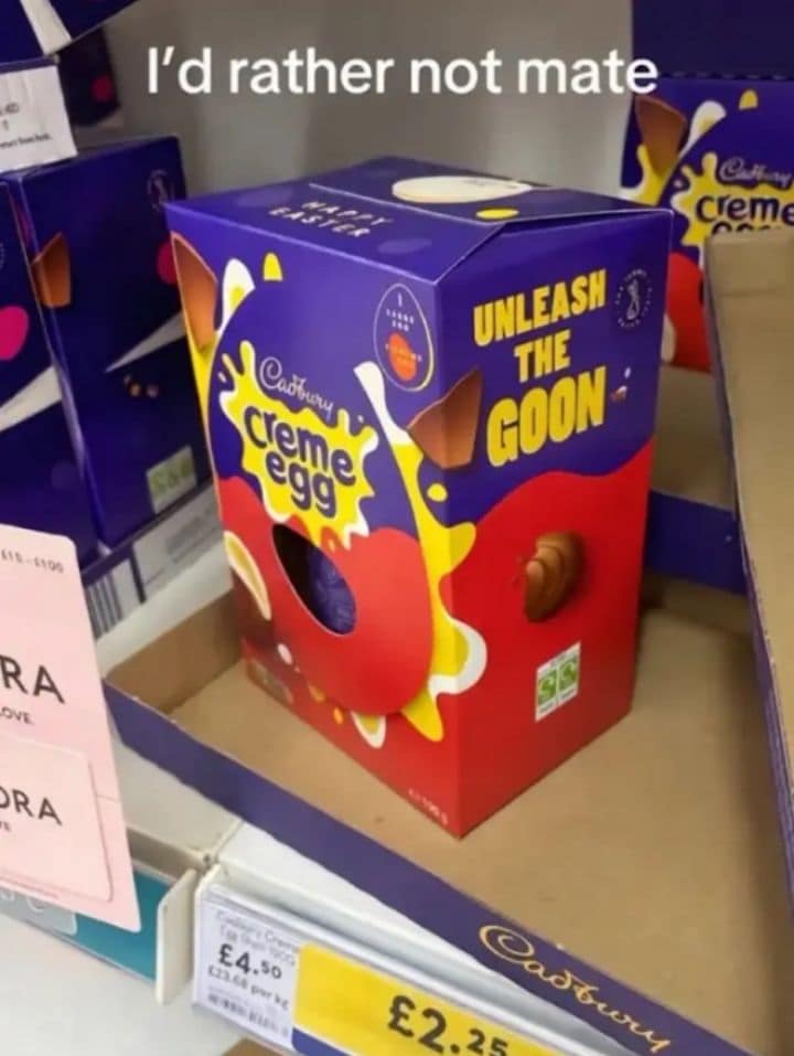 classic meme featuring a display of Cadbury Creme Eggs. The purple box features a poorly-conceived promotional sticker that shouts "UNLEASH THE GOON," prompting the user's caption: "I'd rather not mate."