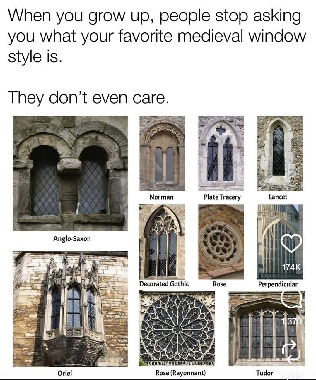 A relatable classic meme for history enthusiasts featuring a grid of various medieval window styles, from Anglo-Saxon to Tudor. The text above the architectural guide laments that once you grow up, people stop caring what your favorite window style is.