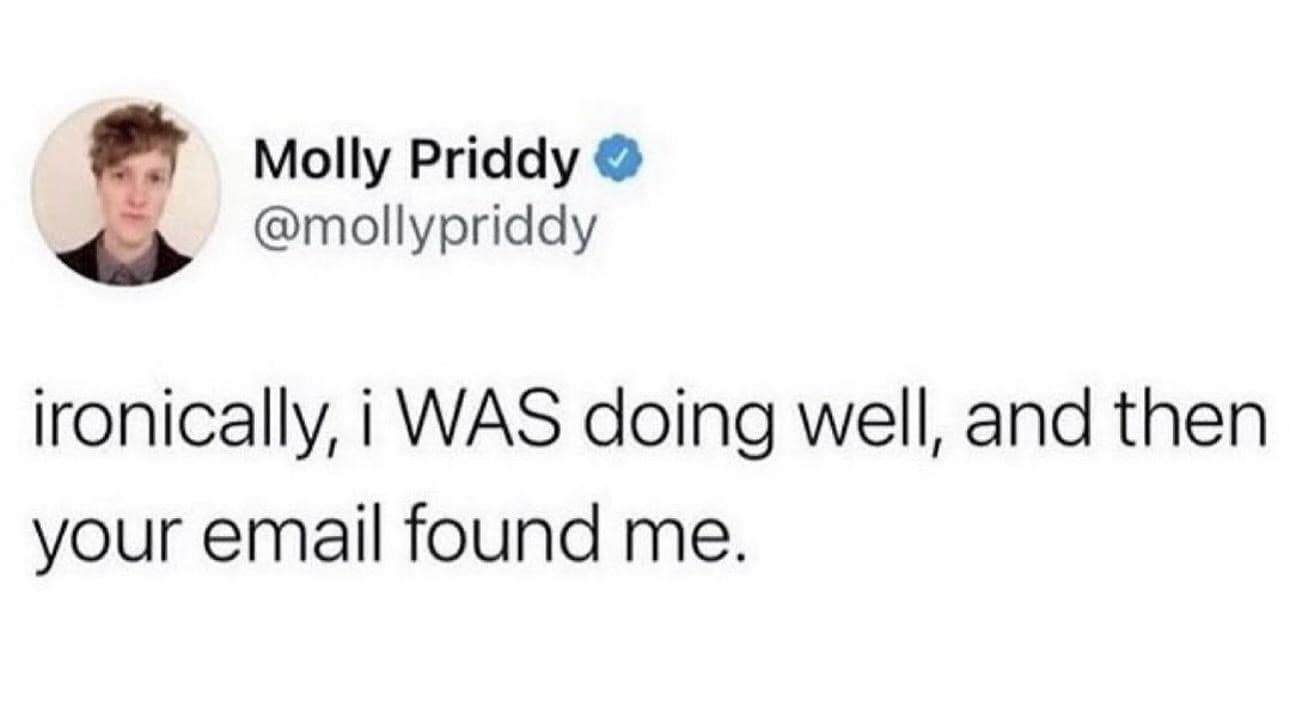 A relatable classic meme screenshot of a tweet by Molly Priddy. The text sarcastically addresses the common work phrase "I hope this email finds you well" by bluntly stating, "ironically, i WAS doing well, and then your email found me."