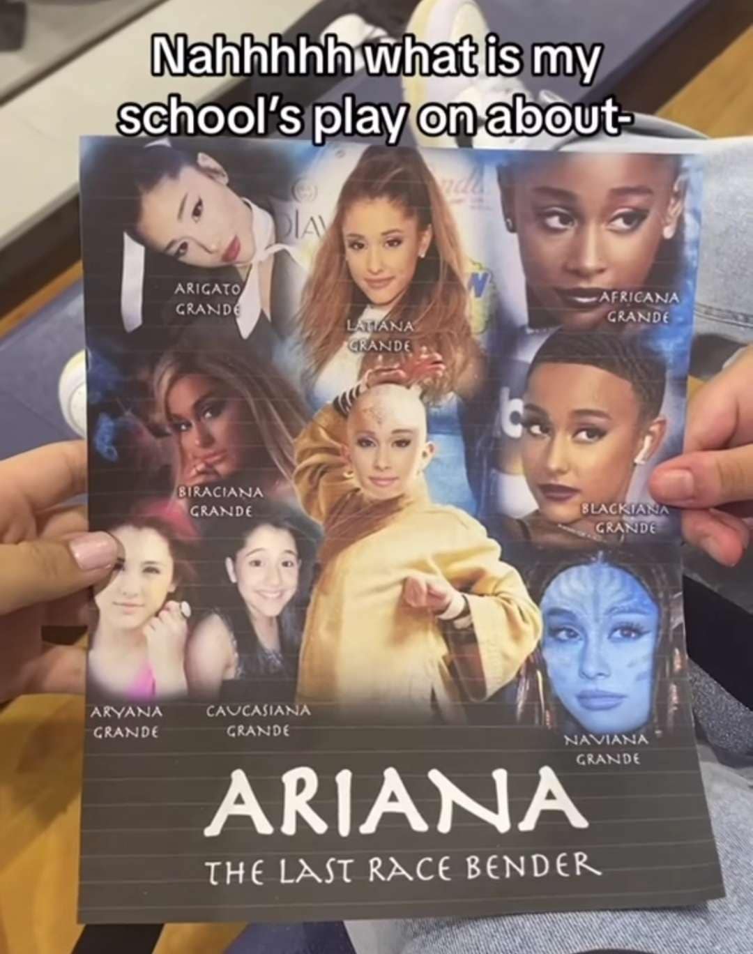 A satirical classic meme poster titled "ARIANA: THE LAST RACE BENDER." It features a grid of Ariana Grande photos edited to represent various ethnicities and pop culture characters, including "Arigato Grande," "Blackiana Grande," and an Avatar-themed "Naviana Grande."