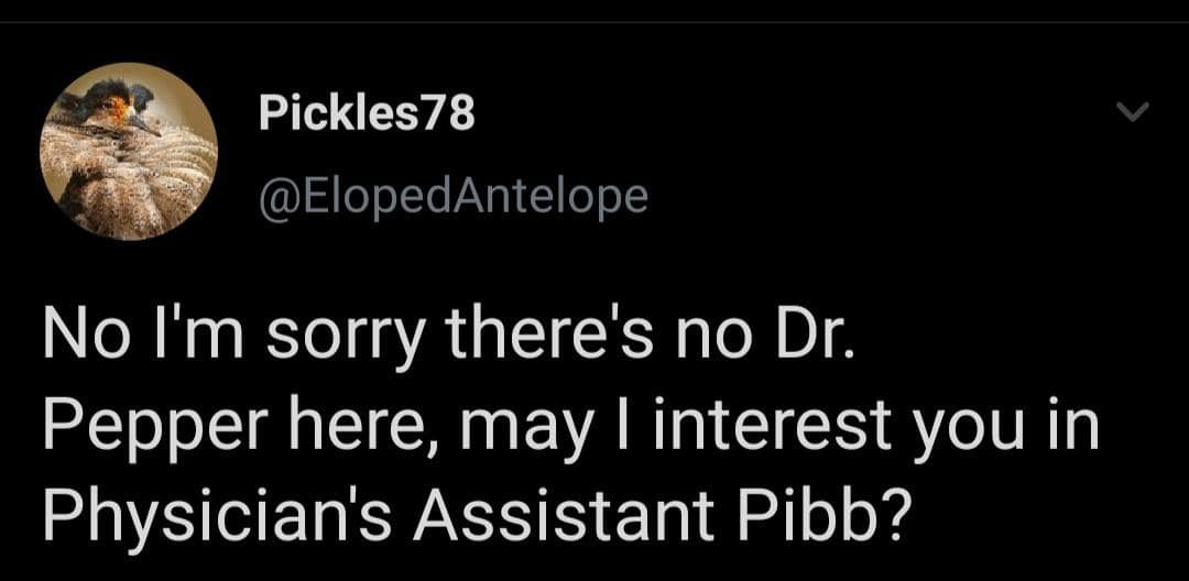 A text-based classic meme tweet from @ElopedAntelope that plays on the "is Pepsi okay?" trope. The post reads: "No I'm sorry there's no Dr. Pepper here, may I interest you in Physician's Assistant Pibb?" mocking the lower "medical" rank of the rival soda brand.