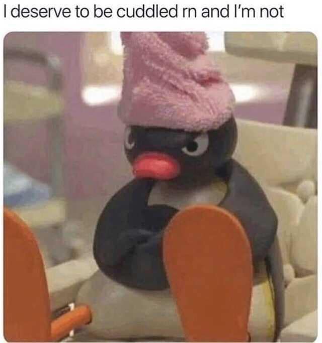 A relatable classic meme featuring the stop-motion penguin Pingu looking absolutely livid with his arms crossed and a pink towel wrapped around his head. The caption above him reads: "I deserve to be cuddled rn and I’m not."