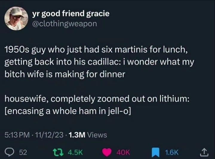 A descriptive best memes tweet detailing the chaotic domestic energy of the 1950s, contrasting a husband coming home from a "six-martini lunch" with a "lithium-zoomed" housewife encasing a whole ham in Jell-O.