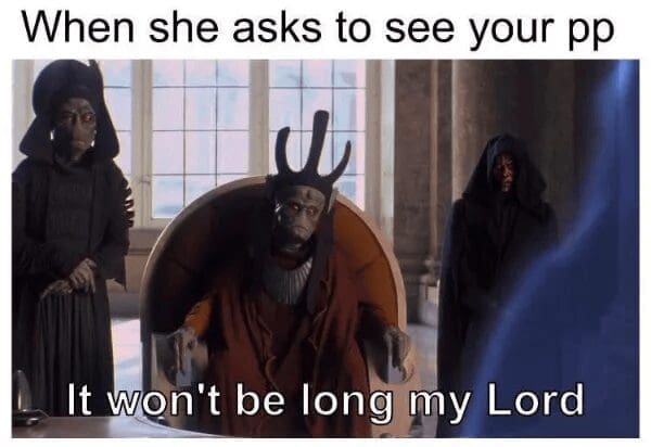 A suggestive internet meme using a still from Star Wars: Episode I. Nute Gunray sits on his throne, responding to a prompt about a girl asking to see a certain body part with the subtitle: "It won’t be long my Lord."