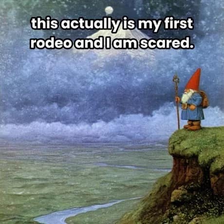 A moody classic meme featuring a classic fantasy painting of a garden gnome in a red cap and blue coat standing on a grassy cliff. He looks out over a vast, misty valley under a full moon. The text subverts the epic scale by admitting: "this actually is my first rodeo and I am scared."