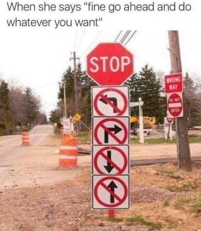 A metaphorical classic meme about the confusion of high-stakes arguments. It shows a vertical stack of contradictory road signs: a red Stop sign followed by symbols for no left turn, no right turn, no u-turn, and no going straight. It is captioned with the phrase, "When she says 'fine go ahead and do whatever you want'."