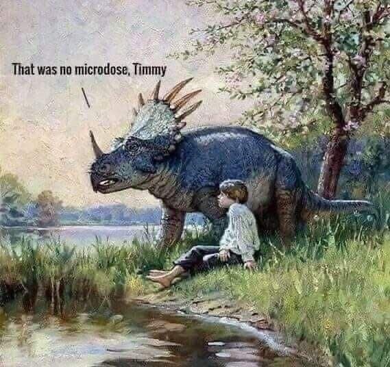 A surreal classic meme featuring a traditional-style painting of a small boy sitting in the grass by a river. Behind him stands a massive, blue-scaled Styracosaurus. A speech bubble from the dinosaur’s mouth points toward the child and says: "That was no microdose, Timmy."