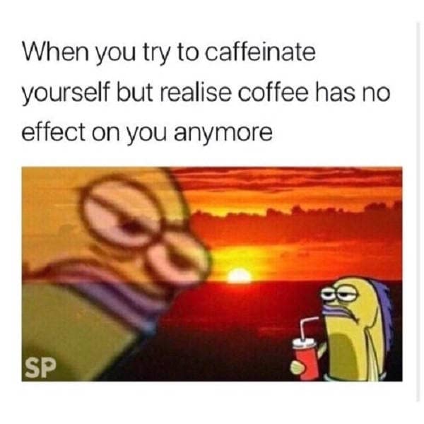 A relatable classic meme for the over-caffeinated. It features a blurry, distorted, red-tinted image of the "incidental" fish from SpongeBob SquarePants staring intensely into the distance against a sunrise. The caption: "When you try to caffeinate yourself but realise coffee has no effect on you anymore."