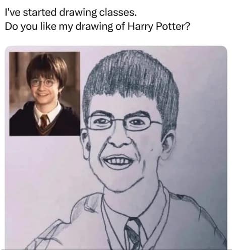 A "expectation vs. reality" classic meme. The left side shows a small reference photo of a young Daniel Radcliffe as Harry Potter. The right side shows a large, detailed pencil drawing that completely misses the mark, resulting in a face that looks exactly like McLovin from Superbad in a Hogwarts uniform.