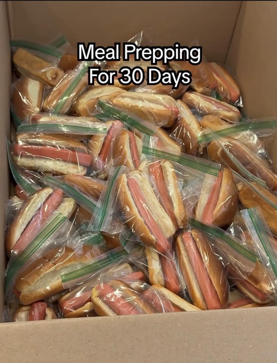 A "cursed" classic meme from a meme dump showing a massive cardboard box filled with 30 individual ziplock bags, each containing a single cold hot dog in a bun. The text overlay reads: "Meal Prepping For 30 Days."