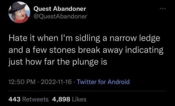 A minimalist classic meme tweet from Quest Abandoner. The text reads: "Hate it when I'm sidling a narrow ledge and a few stones break away indicating just how far the plunge is." It mocks a ubiquitous action-movie trope that ignores the laws of gravity for dramatic effect.