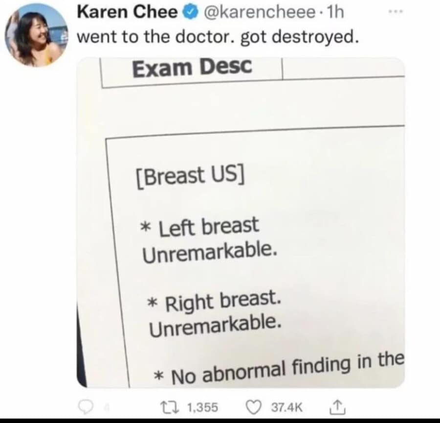 classic meme screenshot of a tweet by Karen Chee. She shares her medical exam results for a breast ultrasound where the doctor clinically described both the left and right side as "Unremarkable." Chee’s caption, "went to the doctor. got destroyed," plays on the hilarious gap between medical terminology and a personal ego check.