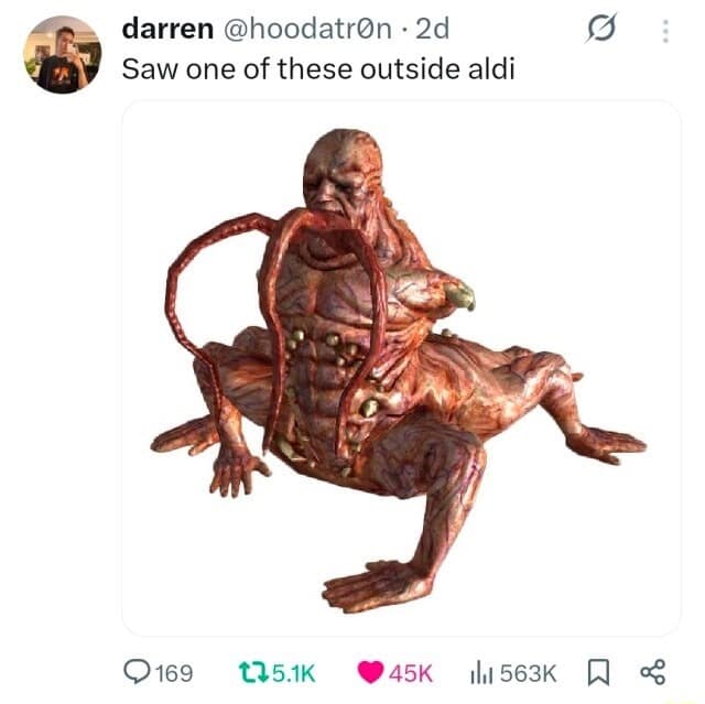 classic meme featuring a tweet from darren @hoodatr0n. The image shows a terrifying, fleshy, multi-limbed creature from the Dead Space franchise, rendered in high detail against a white background. The caption dryly claims, "Saw one of these outside aldi," contrasting horrific science fiction with a mundane grocery run.