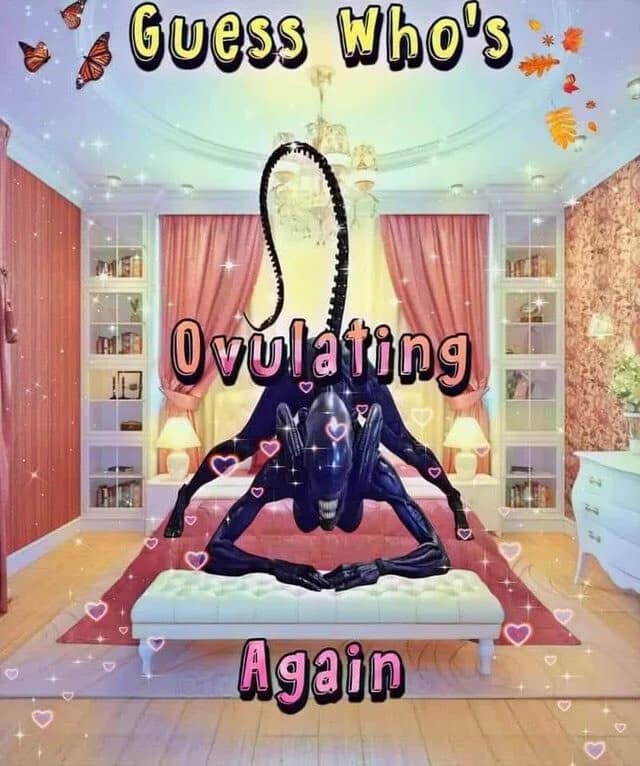 A surreal and "cursed" classic meme featuring a Xenomorph from the Alien franchise photoshopped into a hyper-feminine, pink, and glittery bedroom. The creature is posed on the bed in a playful manner, surrounded by heart sparkles. Bold, multi-colored font at the top and bottom announces: "Guess Who's Ovulating Again."