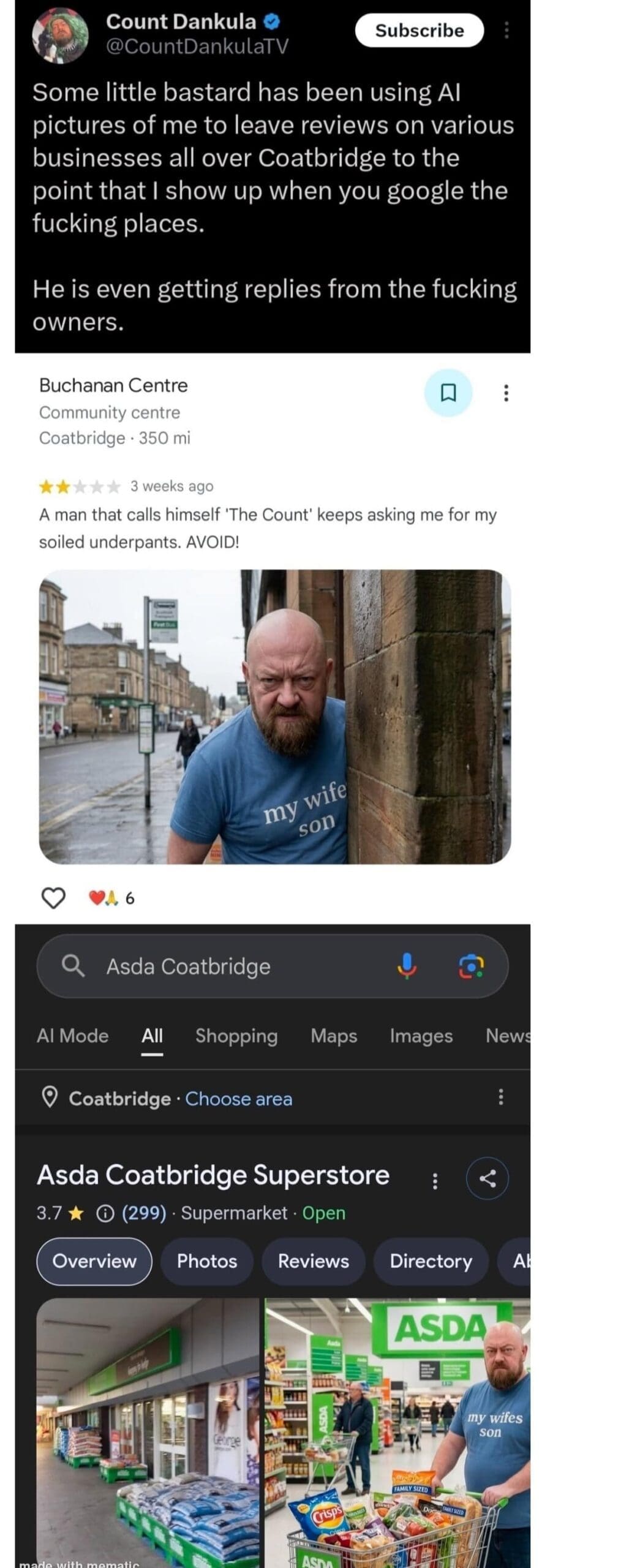 classic meme thread featuring a tweet from Count Dankula. He explains that a troll is using AI-generated images of him to leave bizarre reviews for local businesses in Coatbridge. The screenshot shows a one-star review for a community centre claiming "The Count" asked for "soiled underpants," paired with an unsettling AI image of him wearing a shirt that says "my wife son."