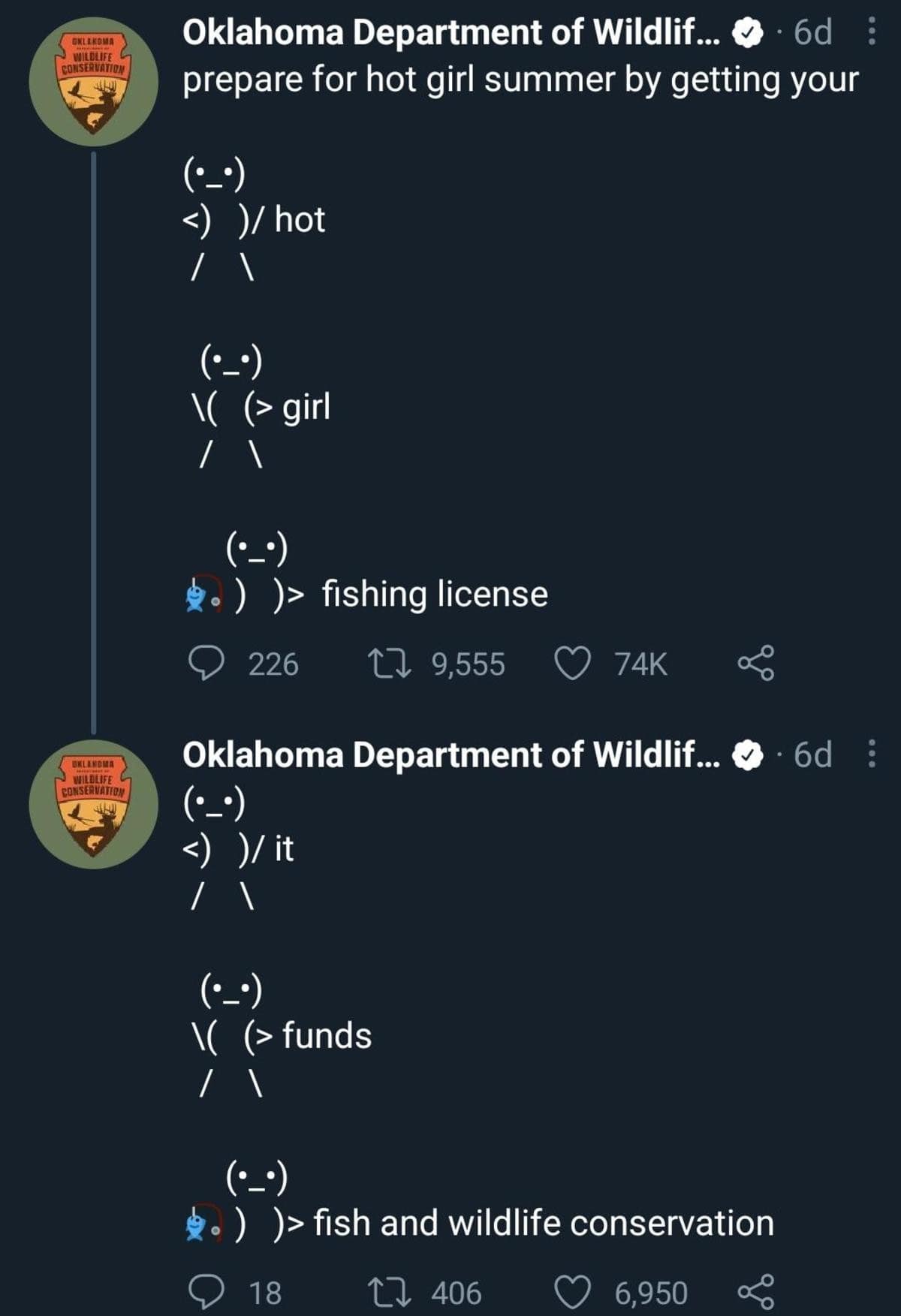 brilliant classic meme tweet from the Oklahoma Department of Wildlife. Using ASCII art figures, they parody the "Hot Girl Summer" trend to promote conservation, ending the sequence with the figure holding a fishing rod and the text "hot girl summer... fishing license" and "it funds... fish and wildlife conservation."