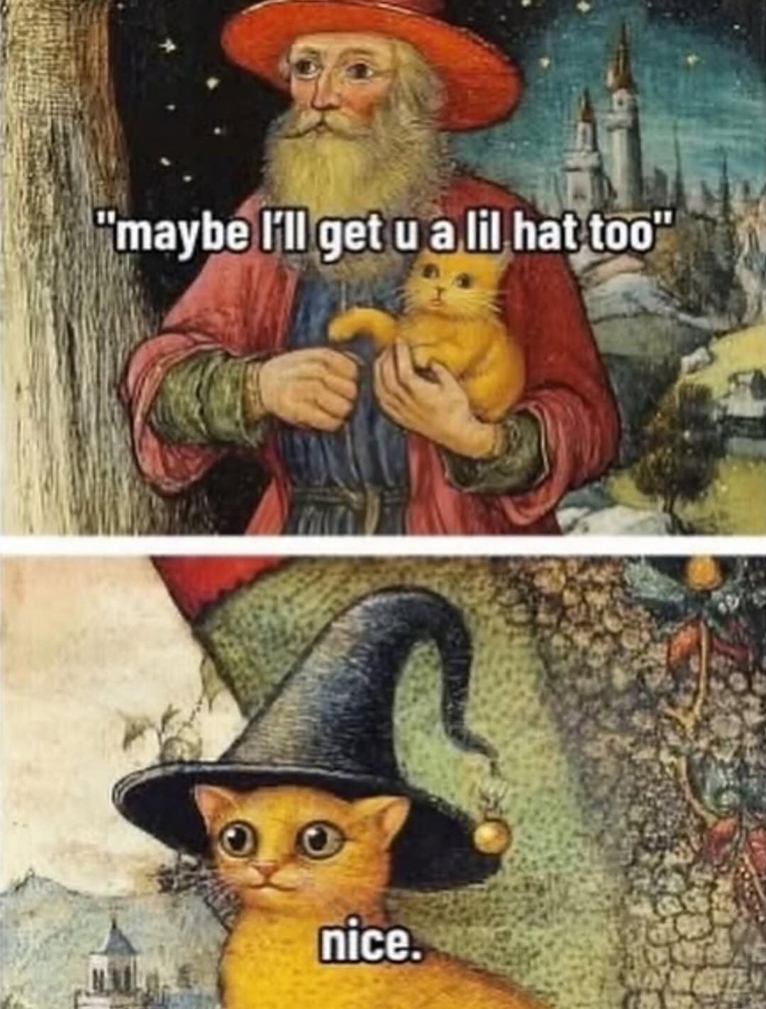 A wholesome best memes two-panel edit of medieval art. A wizard holding a ginger cat says, "maybe I'll get u a lil hat too," followed by a panel of the cat wearing a tiny matching wizard hat with the caption "nice."