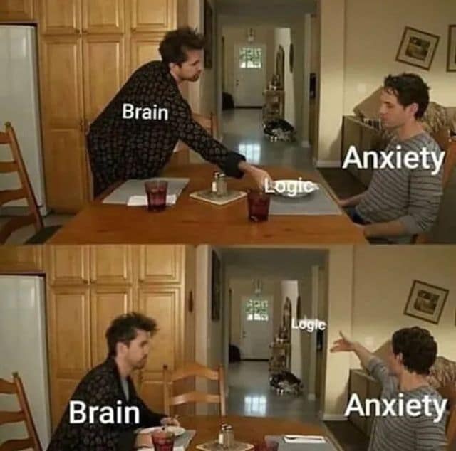 definitive classic meme format from It's Always Sunny in Philadelphia illustrating internal sabotage. Charlie, labeled as "Brain," attempts to serve a plate of "Logic" to Mac, labeled as "Anxiety," who immediately screams and hurls the plate across the room.