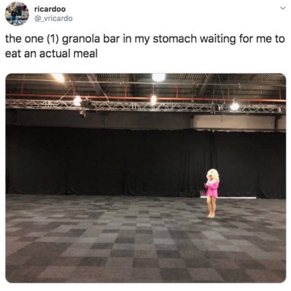 A top-tier classic meme tweet from ricardoo about poor life choices. It features a photo of drag queen Trixie Mattel standing alone in a massive, empty warehouse, representing "the one (1) granola bar in my stomach waiting for me to eat an actual meal."