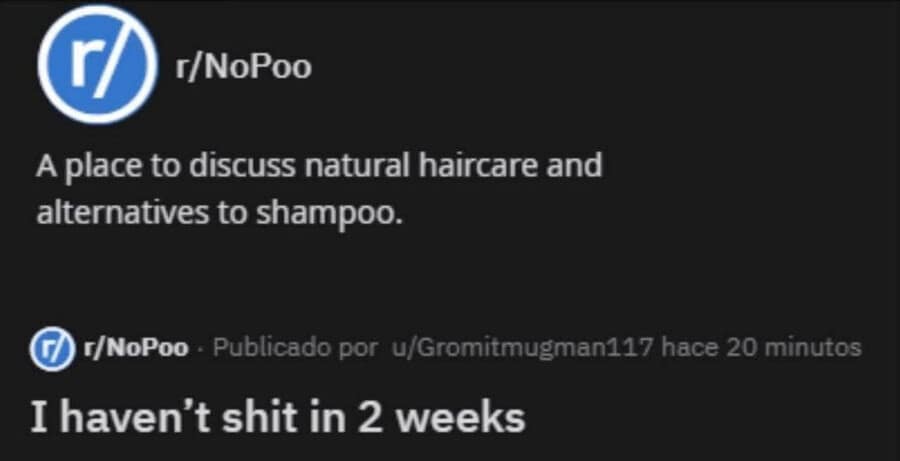 A screenshot of a Reddit community dedicated to hair care highlights a hilarious misunderstanding that fits the vibe of a classic meme. While the sub is for no-shampoo routines, a user takes the name literally and reports they haven't used the restroom in two weeks.