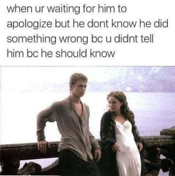classic meme using a screenshot from Star Wars: Attack of the Clones showing Anakin Skywalker and Padme Amidala on a balcony. Padme is giving Anakin a frustrated side-eye. The text describes the specific logic of waiting for an apology when the other person doesn't even know they did anything wrong.