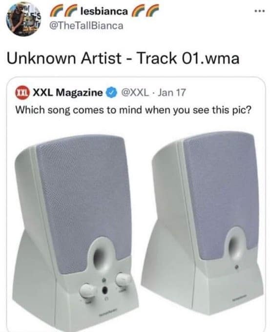 nostalgic classic meme featuring a pair of iconic, grey Harman Kardon desktop speakers from the early 2000s. A tweet from @TheTallBianca provides the definitive sound for the image: "Unknown Artist - Track 01.wma."