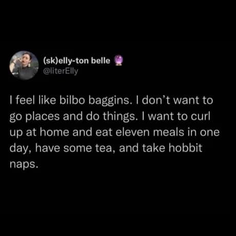 A cozy classic meme tweet from (sk)elly-ton belle that perfectly summarizes the introvert’s dream. It states: "I feel like bilbo baggins. I don’t want to go places and do things. I want to curl up at home and eat eleven meals in one day, have some tea, and take hobbit naps."