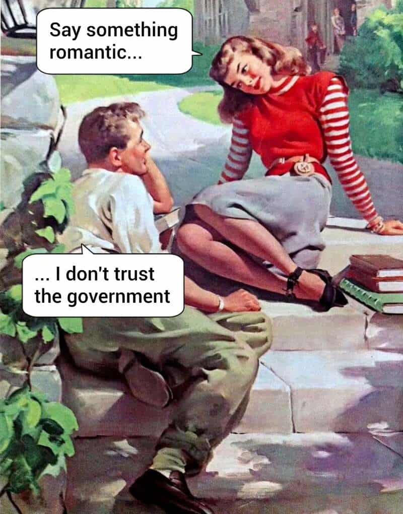 A vintage pulp-style illustration of a couple sitting on stone steps. When the woman asks for something "romantic," the man delivers a modern classical art meme punchline: "...I don't trust the government."