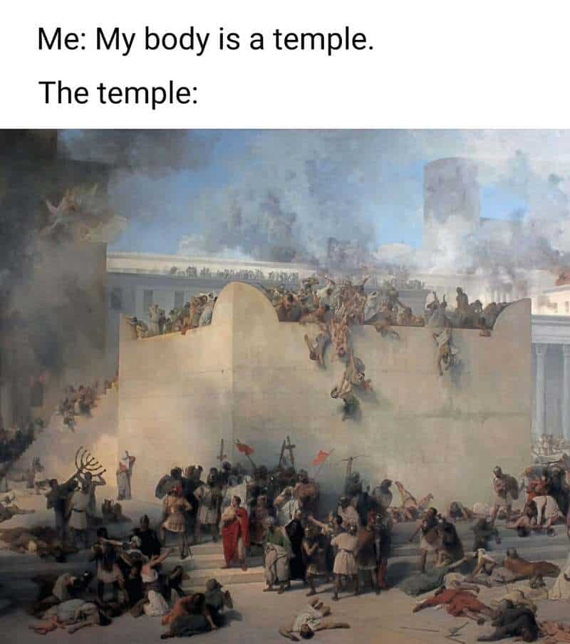 A grand historical painting of a magnificent ancient temple being besieged and destroyed by a chaotic mob. This classical art meme uses the "my body is a temple" trope to illustrate a state of total physical and mental disarray.