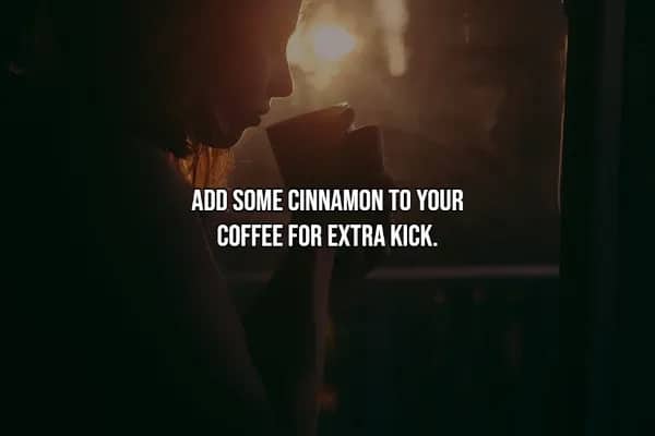 Silhouette of woman sipping coffee in warm sunlight, paired with cinnamon flavor enhancement tip.