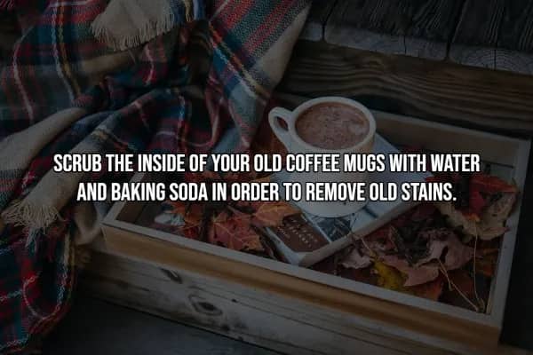 Steaming mug of coffee on wooden tray with cozy plaid blanket and autumn leaves, showing mug cleaning tip.