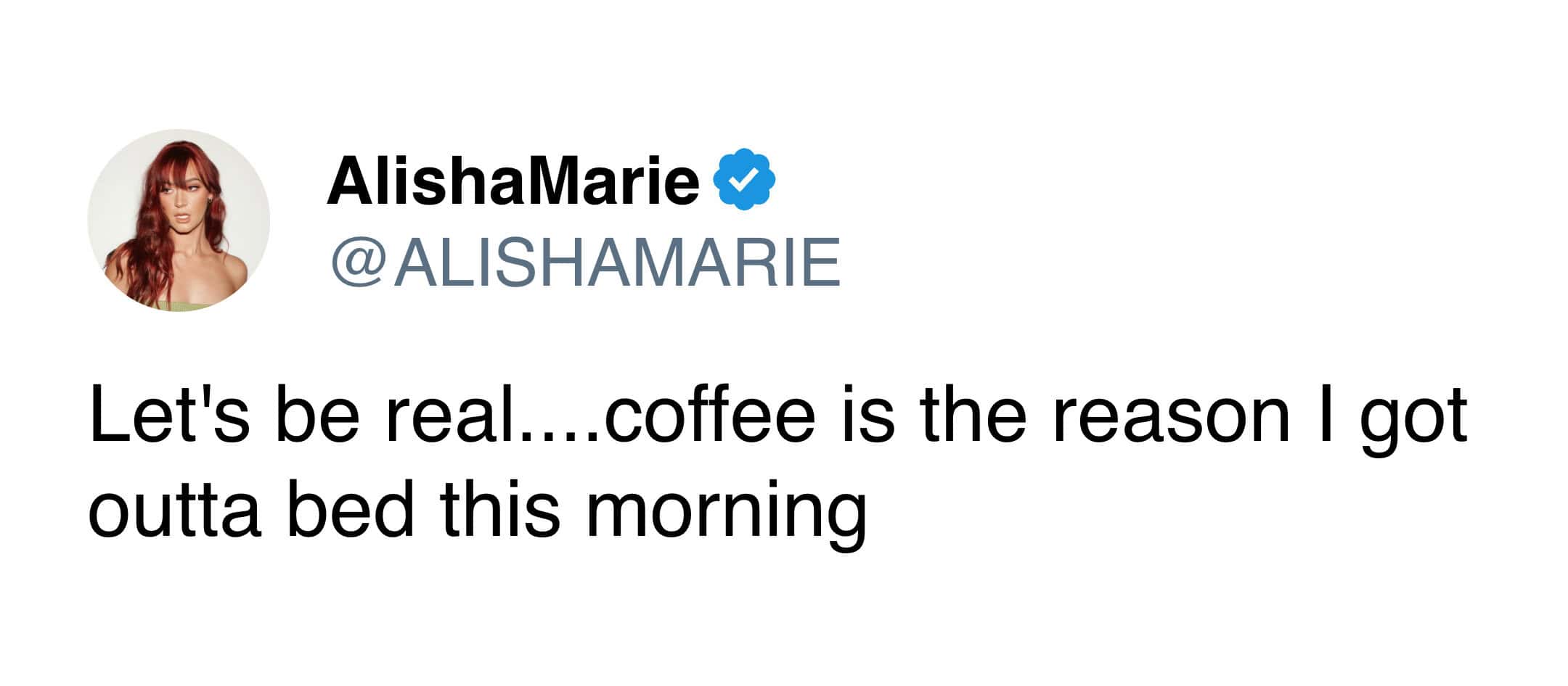 A short and punchy funny tweet about coffee from Alisha Marie. The text is a simple, honest confession for 2026: "Let's be real....coffee is the reason I got outta bed this morning."