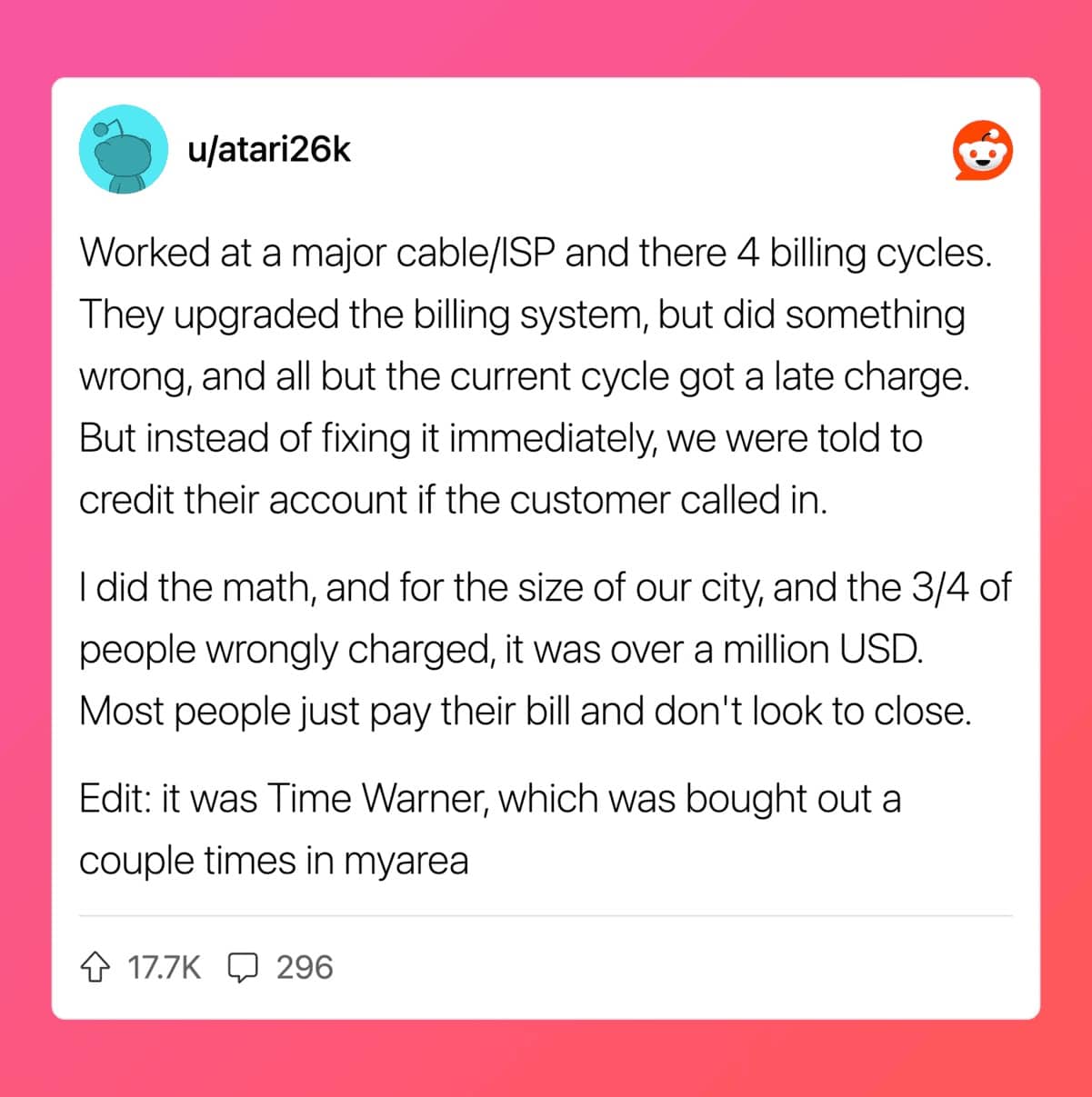 Reddit post about cable ISP billing system errors creating over million dollars in wrongful charges