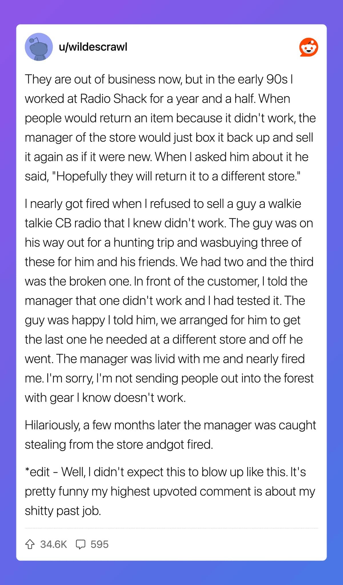 Reddit confession about Radio Shack manager reboxing broken returned items to resell as new