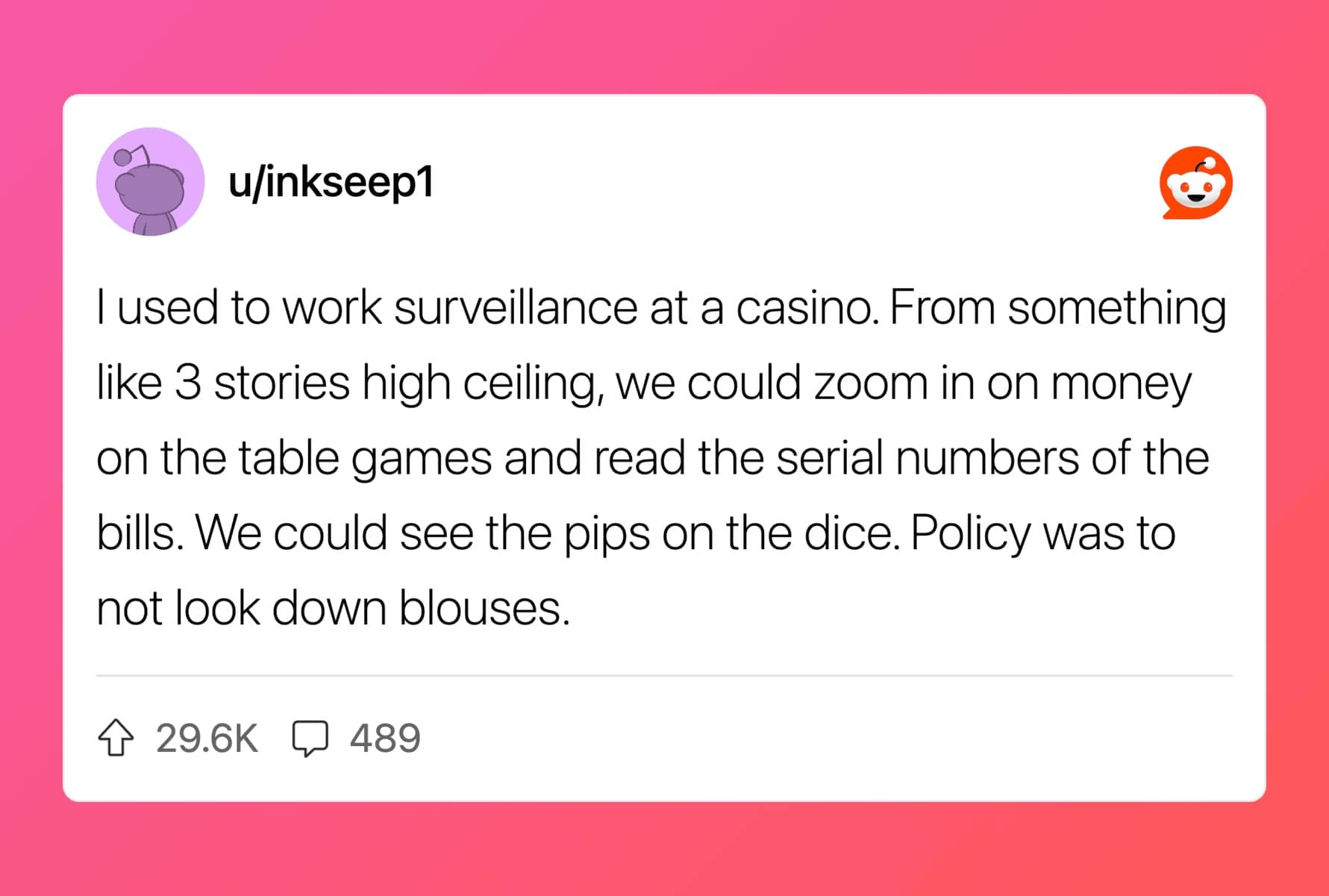 Reddit post from casino surveillance worker describing cameras that zoom on bill serial numbers