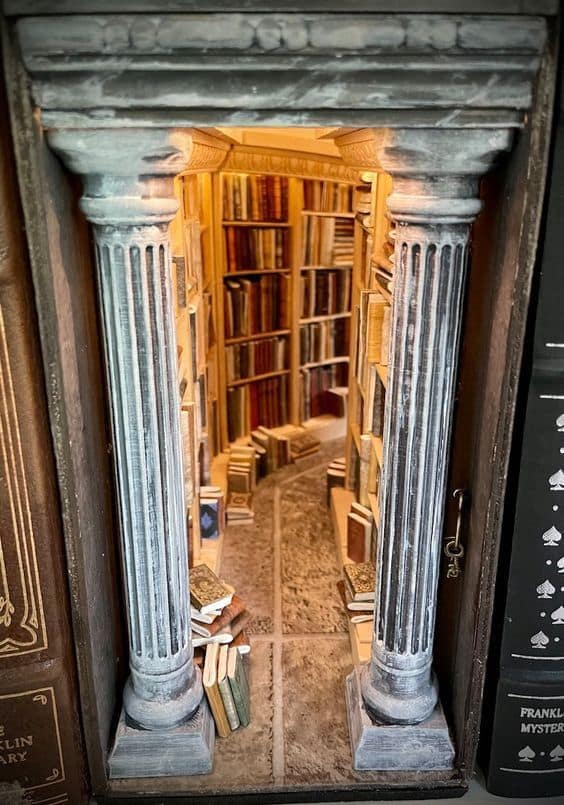 Infinite library cool bookends featuring majestic white fluted columns and shelves overflowing with hundreds of tiny, hand-crafted book replicas.