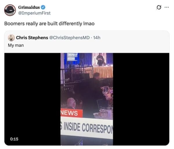 correspondents dinner meme tweet from user Grimaldus. It features the same viral video still of the man calmly eating at his table while chaos erupts around him, with the blunt commentary: "Boomers really are built differently lmao."