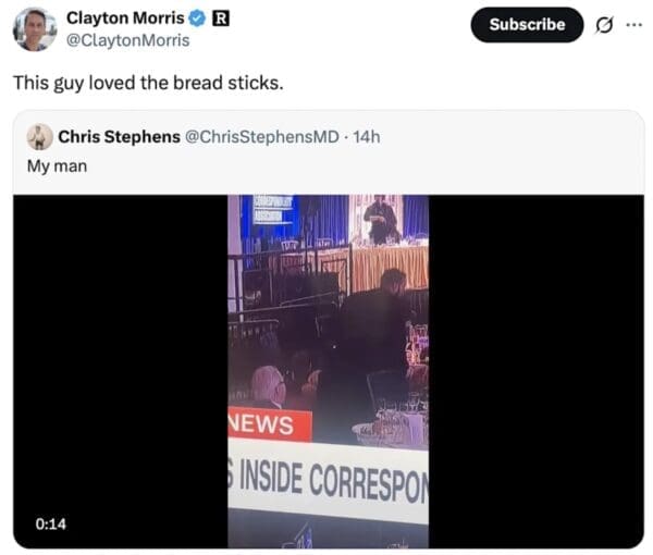 A social media reaction post from Clayton Morris regarding the viral dinner footage. Over a still of a man seemingly unbothered by a security incident, the caption reads: "This guy loved the bread sticks."