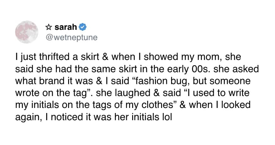 Twitter post about woman thrifting her own mother's skirt complete with mom's initials on the tag