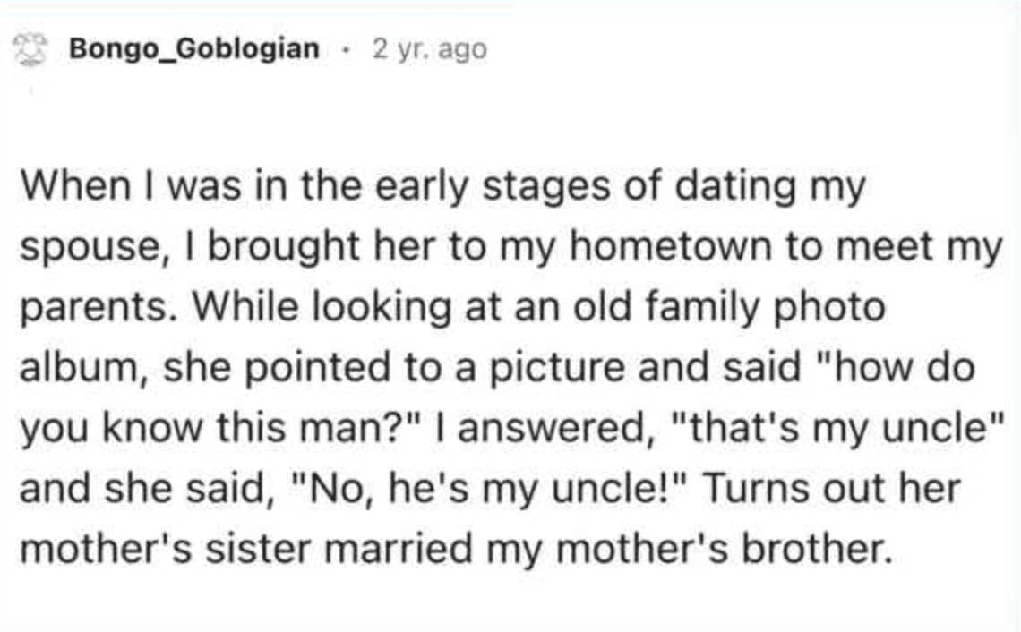 Reddit post about couple discovering their families were already connected through a shared uncle before they met
