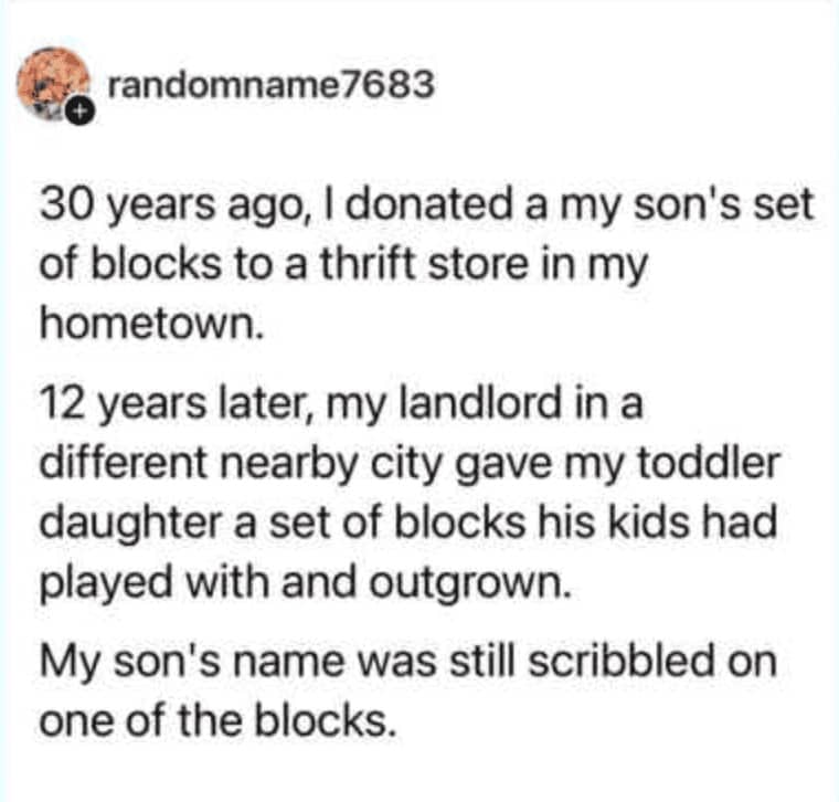 Tweet about son's childhood blocks donated to thrift store returning to his own sister twelve years later