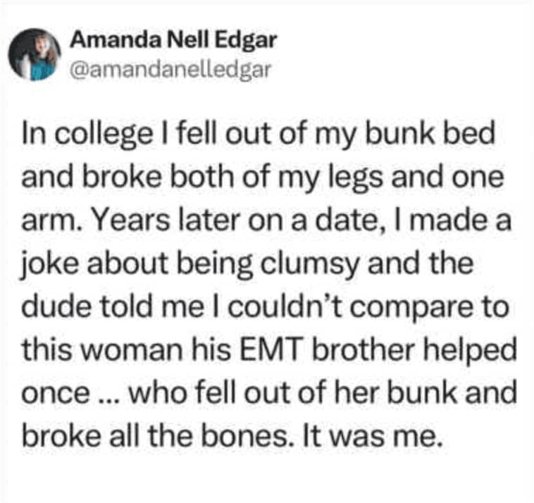 Tweet about woman discovering her date's brother had been the EMT who treated her bunk bed injury